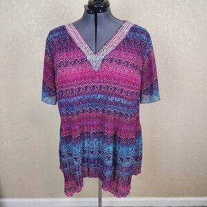 Catherines Multicolor Semi Sheer Tunic Top with Bling Neckline 2X (22/24W) 4897